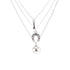 Introducing the Good Luck Charms Pendant Stacked Necklace, 17 inches of silver-plated elegance. This exquisite piece features three delicate chains: the top chain is adorned with an elongated teardrop, the middle showcases a charming horseshoe, and the bottom presents a four-leaf clover charm—all beautifully highlighted against a pristine white background for those seeking a stylish touch of good fortune.